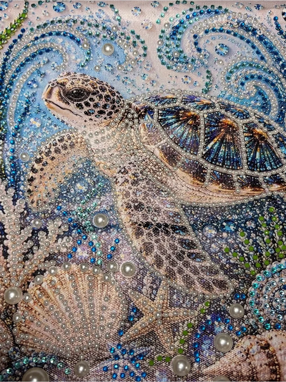 Ocean Turtle Pearl Embellished Wall Art - Blue & Green